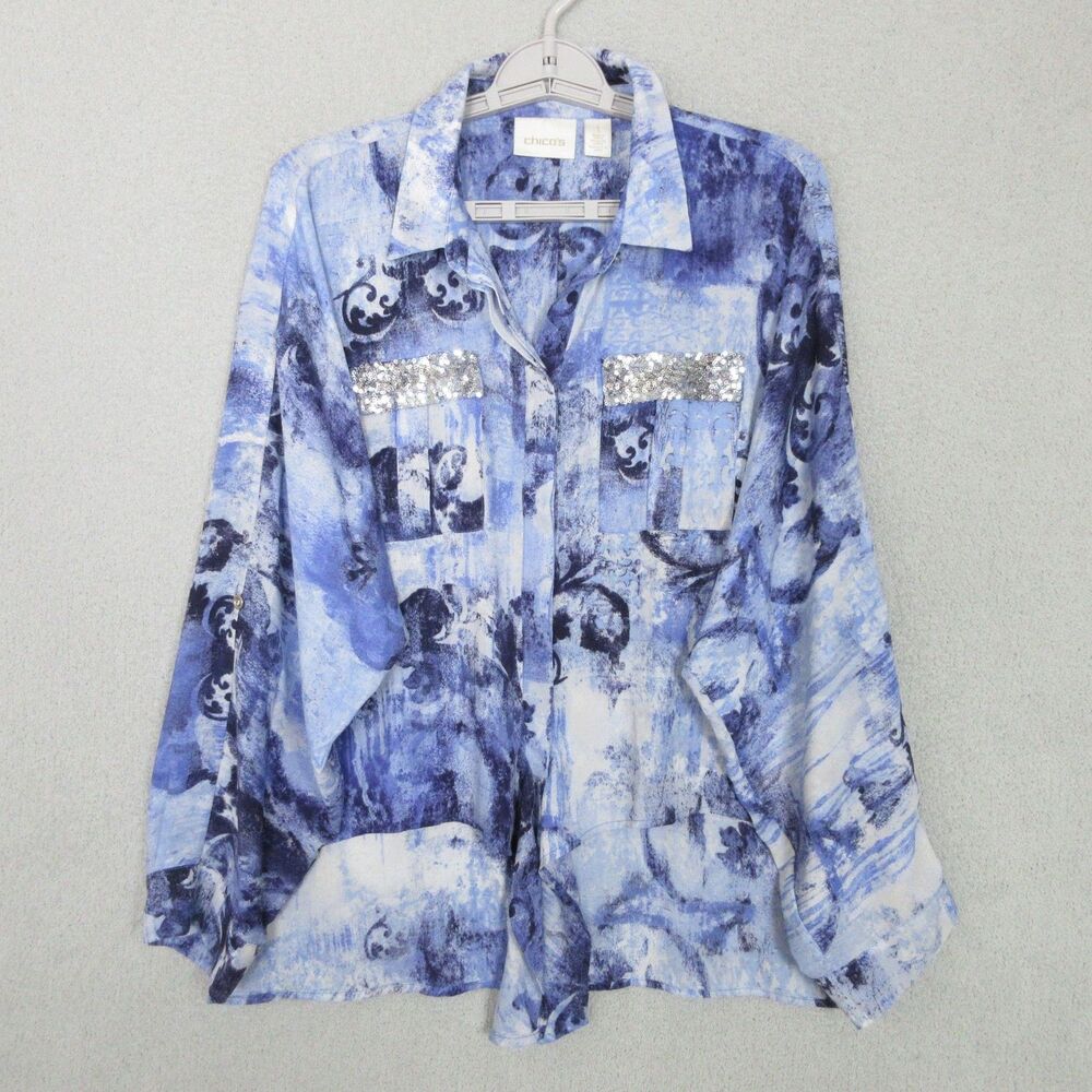 Chicos Blouse Womens 1 (US 8) Blue Abstract Sequin Pocket Long Sleeve Button Top